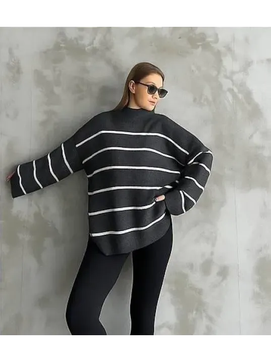 Çizgili İspanyol Kol Triko Boğazlı Kazak Antrasit Elf