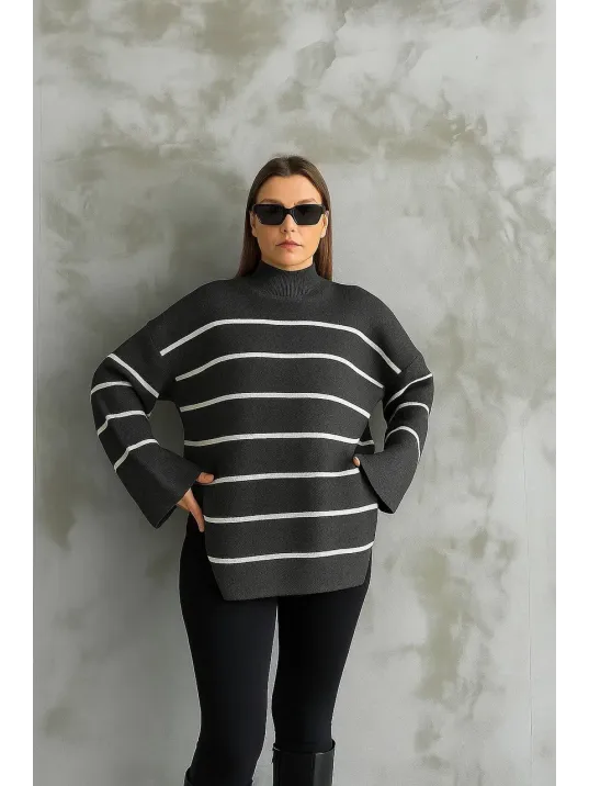 Çizgili İspanyol Kol Triko Boğazlı Kazak Antrasit Elf