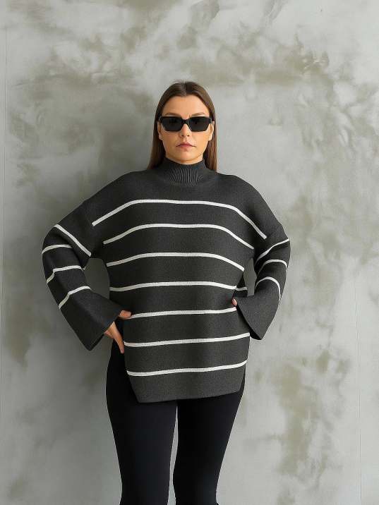 Çizgili ispanyol kol triko boğazlı kazak antrasit elf Çizgili ispanyol kol triko boğazlı kazak antrasit elf