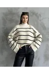 Çizgili İspanyol Kol Triko Boğazlı Kazak Beyaz Elf