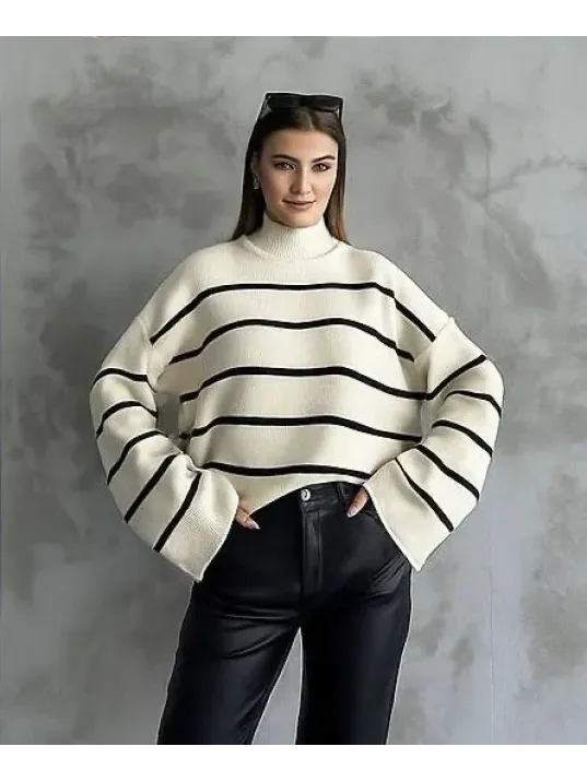 Çizgili İspanyol Kol Triko Boğazlı Kazak Beyaz Elf