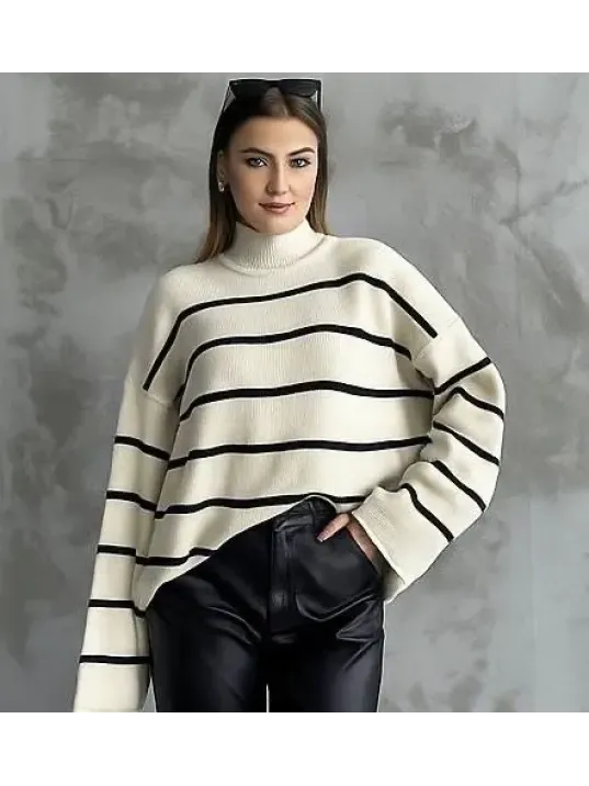 Çizgili İspanyol Kol Triko Boğazlı Kazak Beyaz Elf