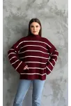 Çizgili İspanyol Kol Triko Boğazlı Kazak Bordo Elf