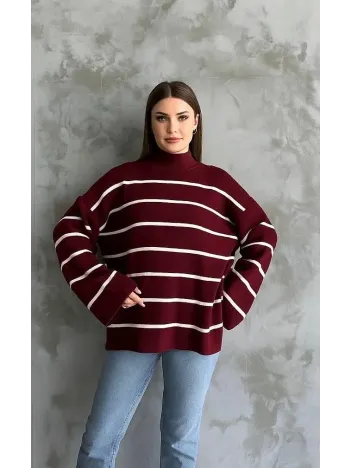 Çizgili İspanyol Kol Triko Boğazlı Kazak Bordo Elf