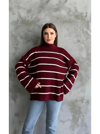 Çizgili ispanyol kol triko boğazlı kazak bordo elf
