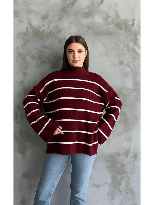 Çizgili İspanyol Kol Triko Boğazlı Kazak Bordo Elf