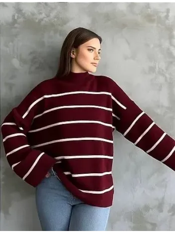 Çizgili İspanyol Kol Triko Boğazlı Kazak Bordo Elf Çizgili İspanyol Kol Triko Boğazlı Kazak Bordo Elf