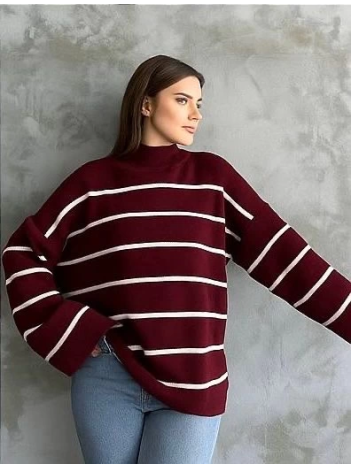 Çizgili ispanyol kol triko boğazlı kazak bordo elf Çizgili ispanyol kol triko boğazlı kazak bordo elf
