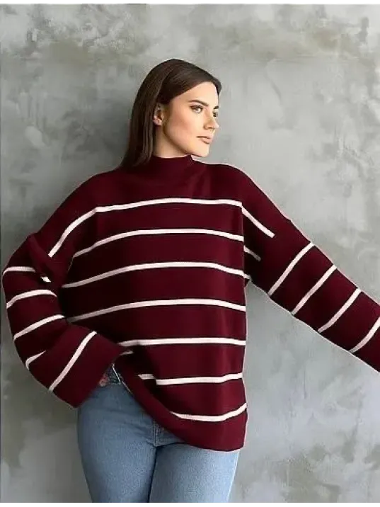 Çizgili İspanyol Kol Triko Boğazlı Kazak Bordo Elf