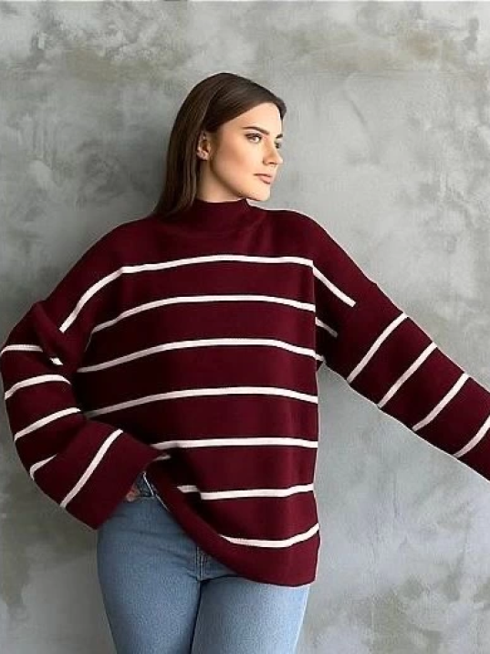 Çizgili ispanyol kol triko boğazlı kazak bordo elf Çizgili ispanyol kol triko boğazlı kazak bordo elf