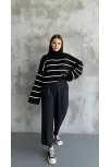 Çizgili İspanyol Kol Triko Boğazlı Kazak Siyah Elf
