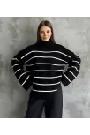 Çizgili İspanyol Kol Triko Boğazlı Kazak Siyah Elf