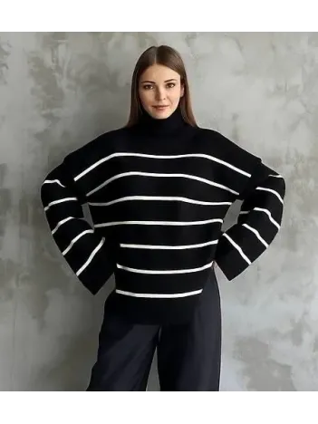 Çizgili İspanyol Kol Triko Boğazlı Kazak Siyah Elf