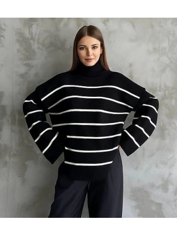 Çizgili ispanyol kol triko boğazlı kazak siyah elf