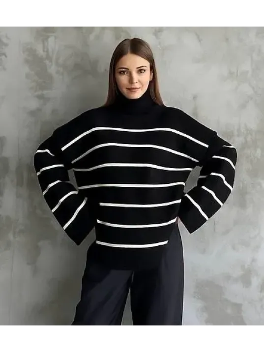 Çizgili İspanyol Kol Triko Boğazlı Kazak Siyah Elf