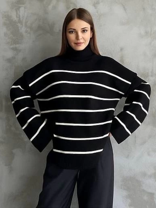 Çizgili ispanyol kol triko boğazlı kazak siyah elf Çizgili ispanyol kol triko boğazlı kazak siyah elf