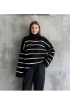 Çizgili İspanyol Kol Triko Boğazlı Kazak Siyah Elf