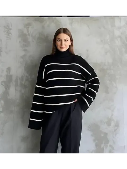 Çizgili İspanyol Kol Triko Boğazlı Kazak Siyah Elf