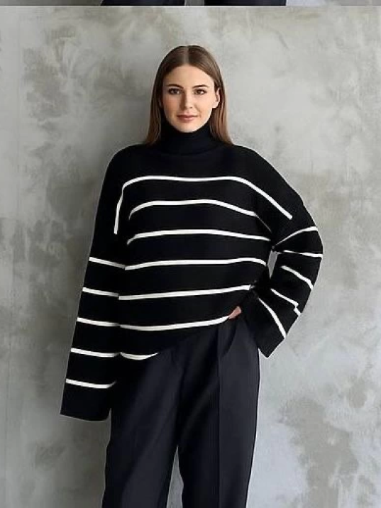Çizgili ispanyol kol triko boğazlı kazak siyah elf Çizgili ispanyol kol triko boğazlı kazak siyah elf