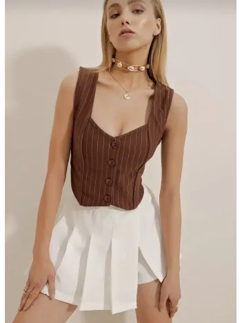 Çizgili Krep Düğmeli Yelek Kahve S3395