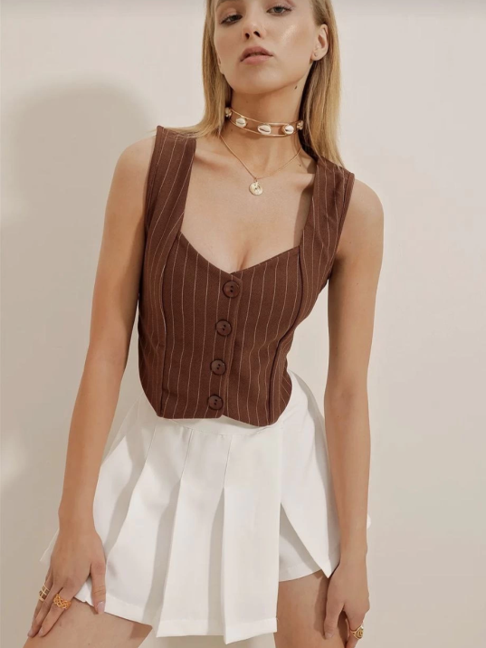 Çizgili krep düğmeli yelek kahve s3395 Çizgili krep düğmeli yelek kahve s3395