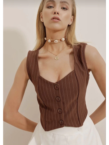 Çizgili krep düğmeli yelek kahve s3395 Çizgili krep düğmeli yelek kahve s3395