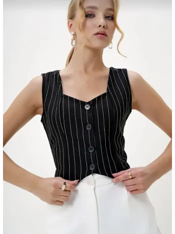 Çizgili Krep Düğmeli Yelek Siyah S3395