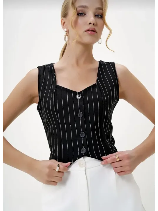 Çizgili Krep Düğmeli Yelek Siyah S3395