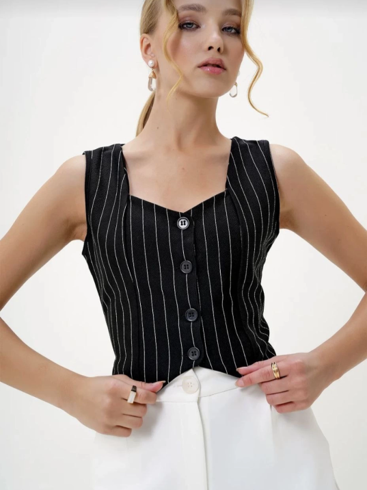 Çizgili krep düğmeli yelek siyah s3395 Çizgili krep düğmeli yelek siyah s3395