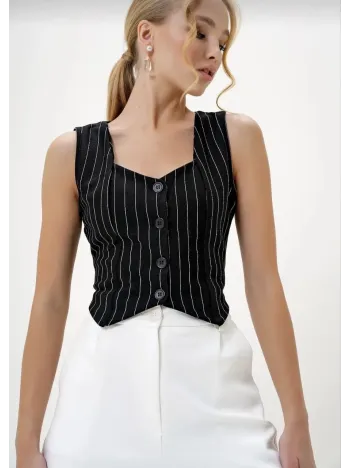 Çizgili Krep Düğmeli Yelek Siyah S3395