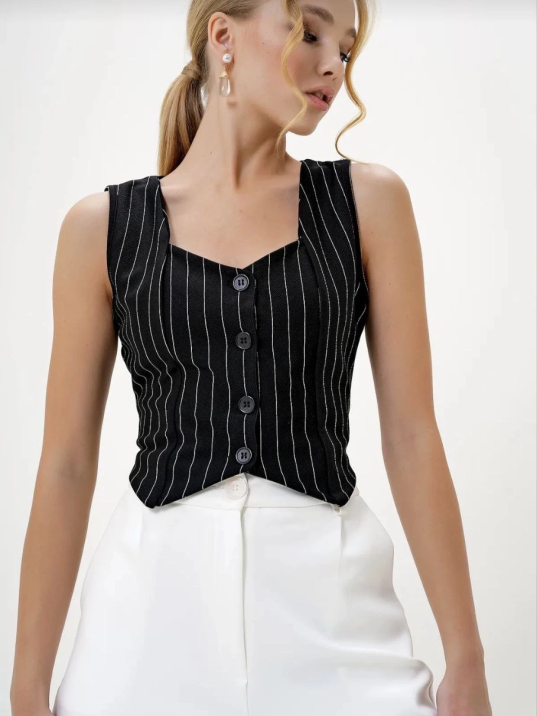 Çizgili krep düğmeli yelek siyah s3395 Çizgili krep düğmeli yelek siyah s3395