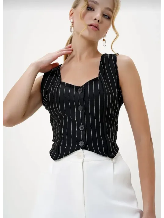 Çizgili Krep Düğmeli Yelek Siyah S3395
