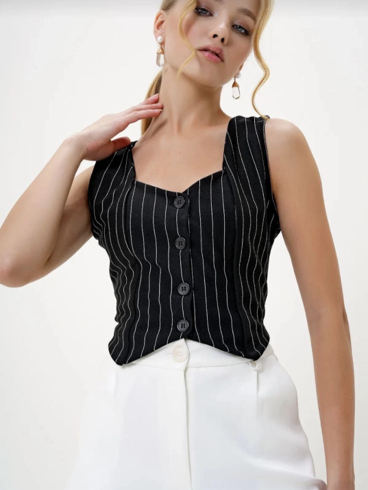 Çizgili krep düğmeli yelek siyah s3395 Çizgili krep düğmeli yelek siyah s3395
