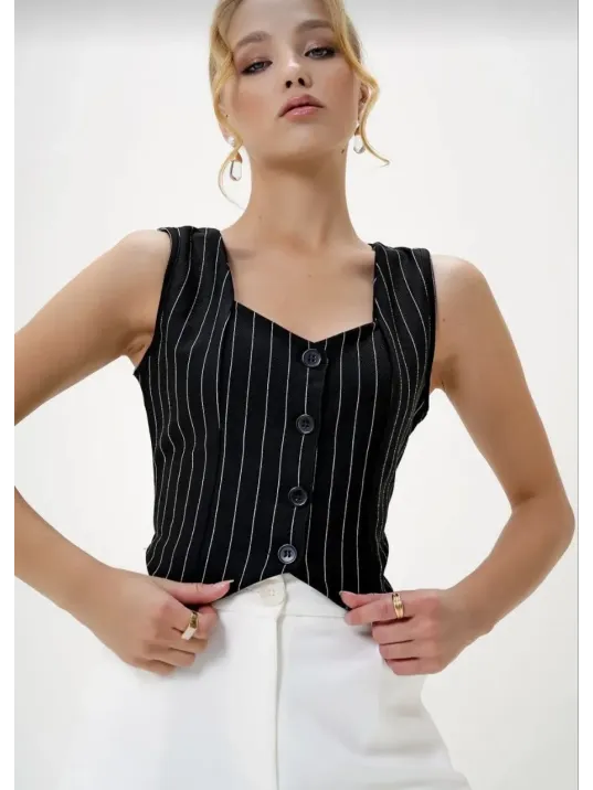Çizgili Krep Düğmeli Yelek Siyah S3395