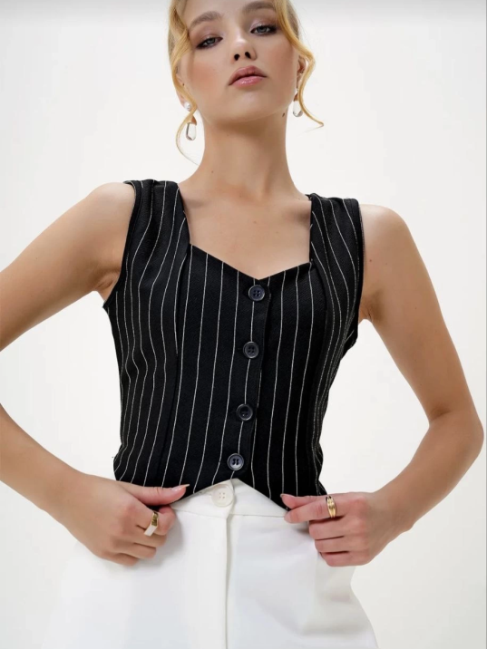 Çizgili krep düğmeli yelek siyah s3395 Çizgili krep düğmeli yelek siyah s3395