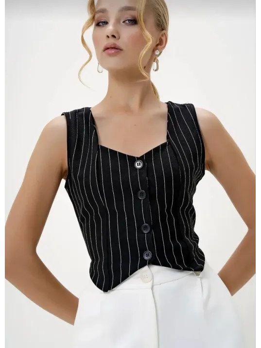 Çizgili Krep Düğmeli Yelek Siyah S3395