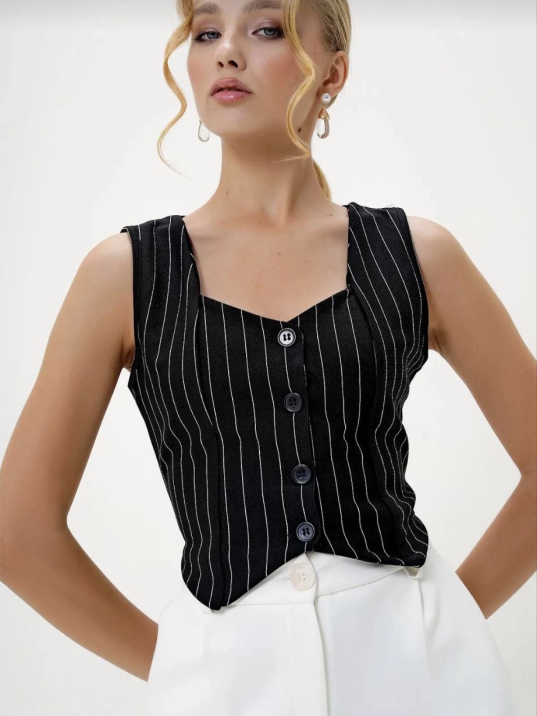 Çizgili krep düğmeli yelek siyah s3395 Çizgili krep düğmeli yelek siyah s3395