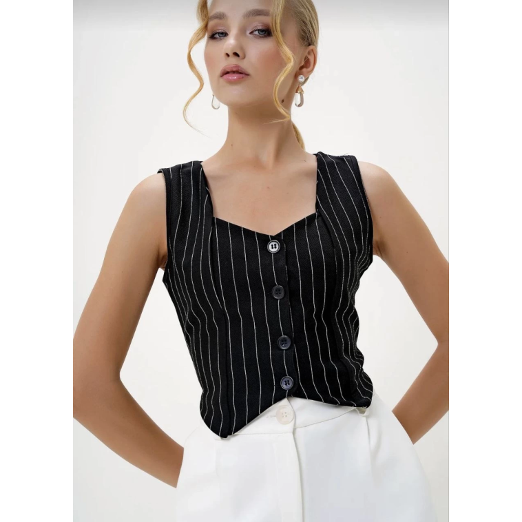 Çizgili krep düğmeli yelek siyah s3395 Çizgili krep düğmeli yelek siyah s3395