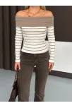 Çizgili Madonna Yaka Kaşkorse Bluz Bej A844 Çizgili Madonna Yaka Kaşkorse Bluz Bej A844