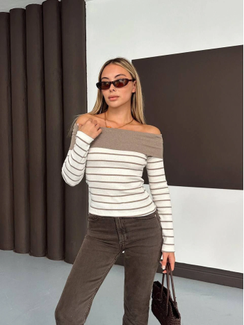 Çizgili madonna yaka kaşkorse bluz bej a844 Çizgili madonna yaka kaşkorse bluz bej a844