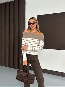Çizgili Madonna Yaka Kaşkorse Bluz Bej A844