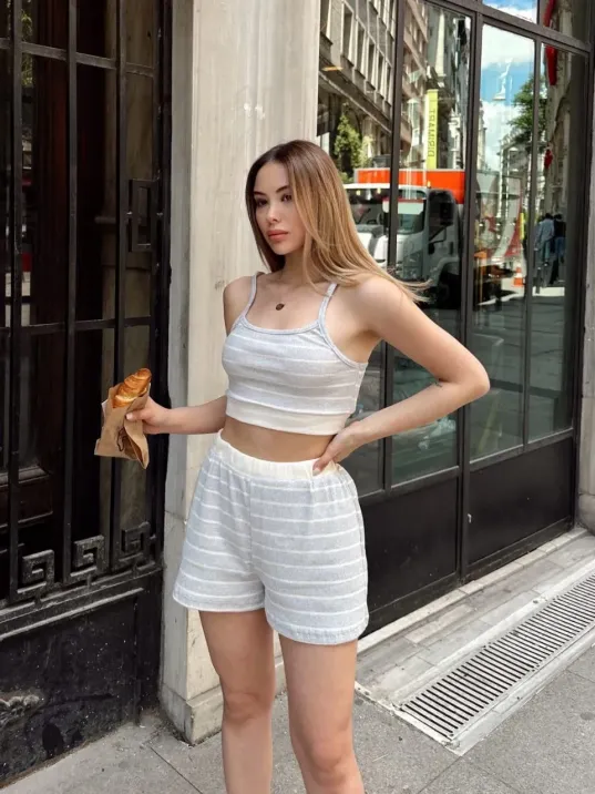 Çizgili Şortlu Takım Gri S3978 Çizgili Şortlu Takım Gri S3978