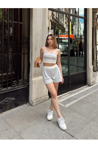Çizgili şortlu takım gri s3978