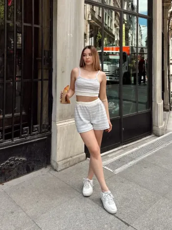 Çizgili Şortlu Takım Gri S3978