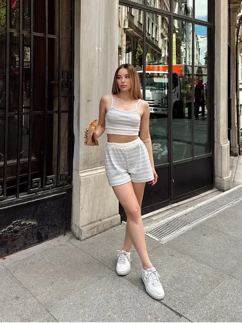 Çizgili Şortlu Takım Gri S3978