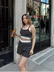 Çizgili Şortlu Takım Siyah S3978