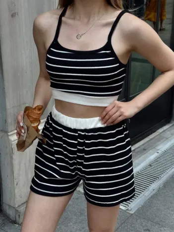 Çizgili Şortlu Takım Siyah S3978