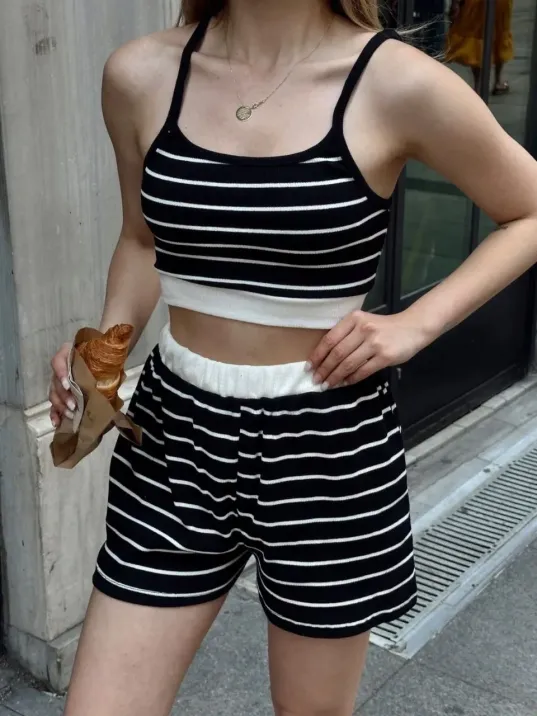 Çizgili Şortlu Takım Siyah S3978