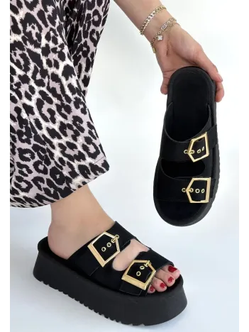 Coer Siyah Süet Çift Tokalı Terlik