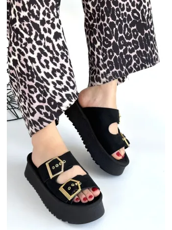 Coer Siyah Süet Çift Tokalı Terlik